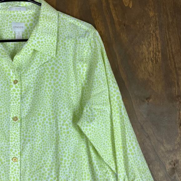 Chicos Womens Blouse White Green Dots Collared Non Iron Button Down 3 (XL) - Picture 5 of 12
